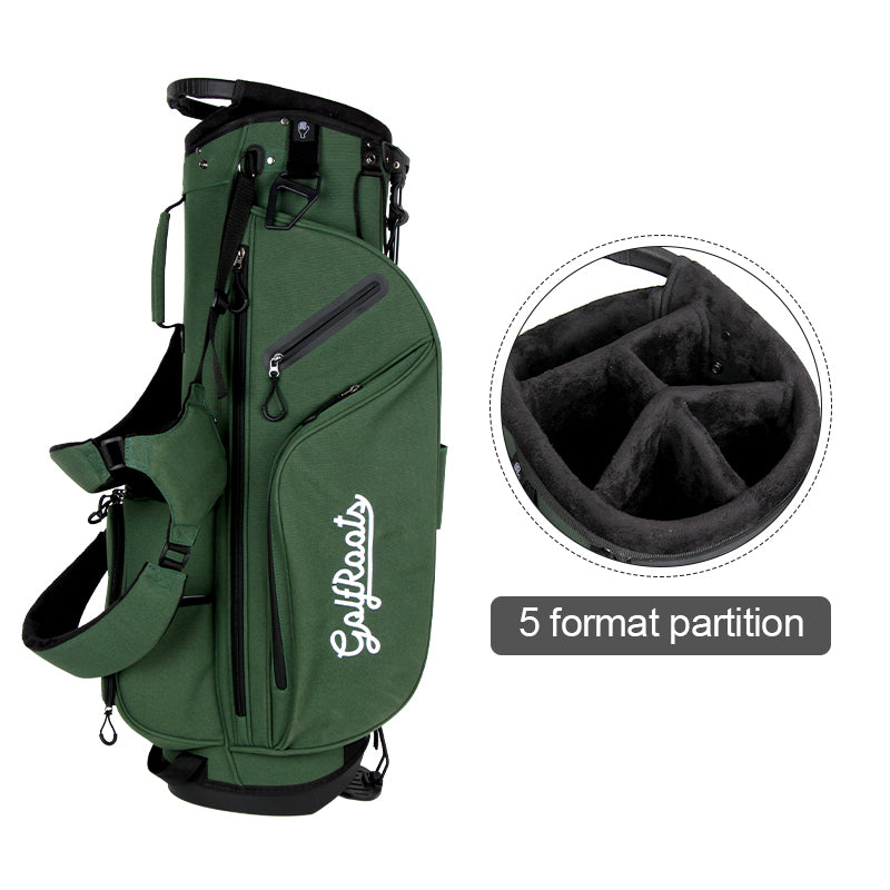 Green golf bag with 'Golf Roots' branding and a close-up of the interior partition on a white background.