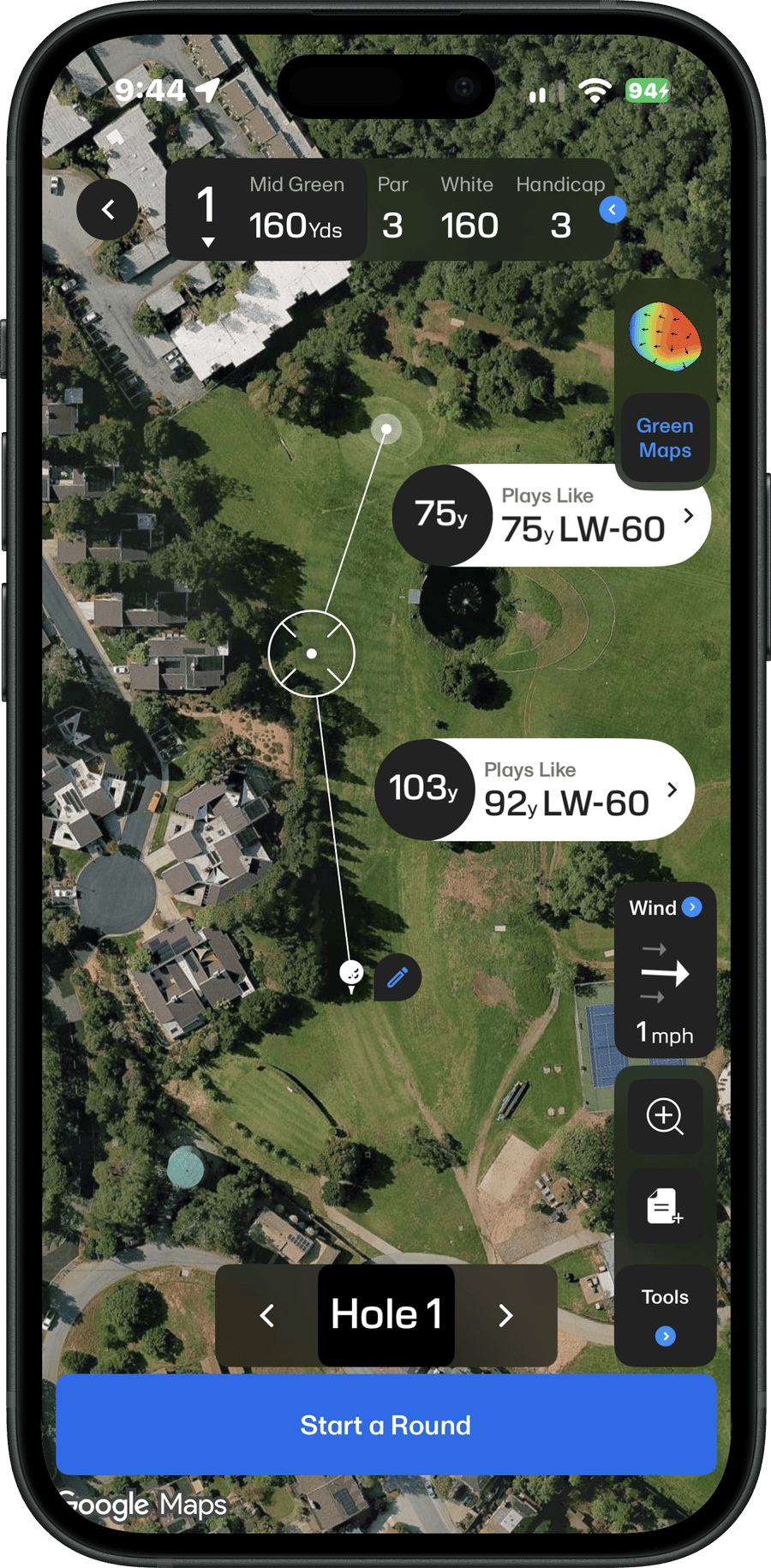 18Birdies GPS screen for Hole 1: mid-green distance, plays-like club recommendations for each shot, wind speed, and Green Maps over a satellite view of the hole